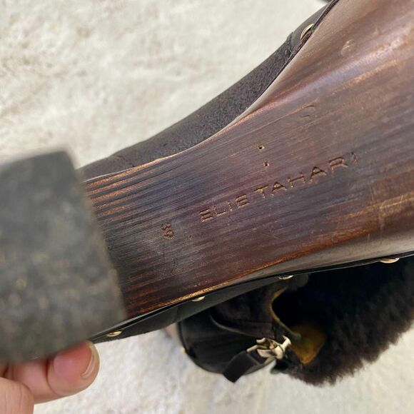 Elie Tahari Y2K Brown Leather Studded Platform Faux Fur Clogs Platform Boots 8.5 - Picture 5 of 8